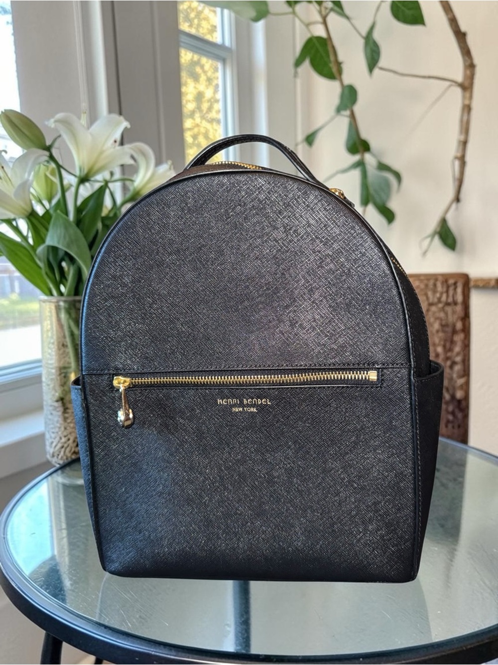 Henri Bendel Like New Black Saffiano Leather Mini Backpack with Gold Hardware